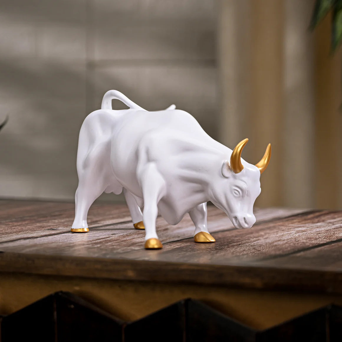 Elegant White Bull Showpiece with Golden Horns and Hooves