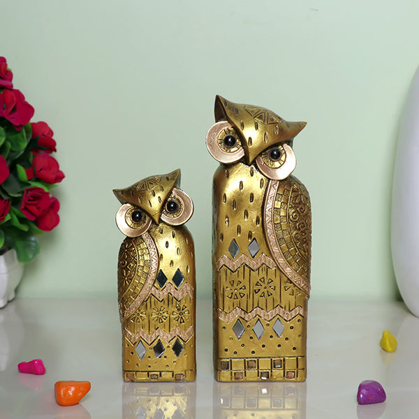 Golden Owl Figurine Set – Handcrafted Resin Home Décor