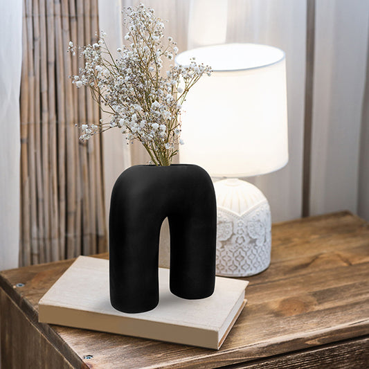 Inverted U-Shaped Flower Vase (9 inch) – Modern Black Polyresin Decorative Accent for Home & Office Decor