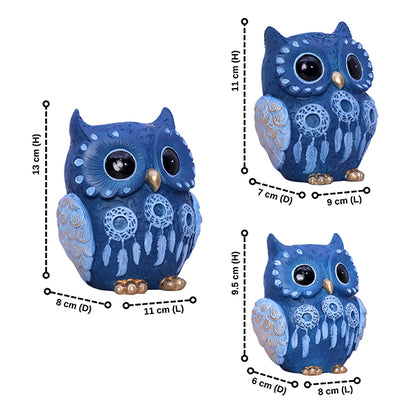 Handcrafted Blue Owl Figurine Set – Decorative Polyresin Showpieces in 3 Sizes for Home & Office Decor