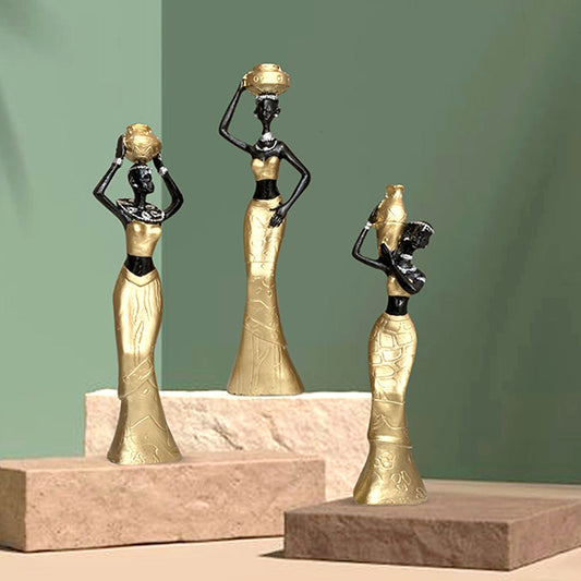 Set of 3 African Lady Showpieces – 6-Inch Golden Polyresin Decorative Figurines for Home Decor