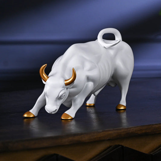 Elegant White Bull Showpiece with Golden Horns and Hooves