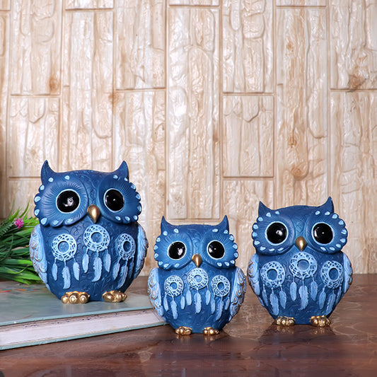 Handcrafted Blue Owl Figurine Set – Decorative Polyresin Showpieces in 3 Sizes for Home & Office Decor